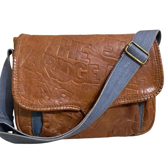 THE BRIDGE Brown Logo-Embossed Leather Vintage Saddle Messenger Bag w/Denim Trim - Picture 2 of 16